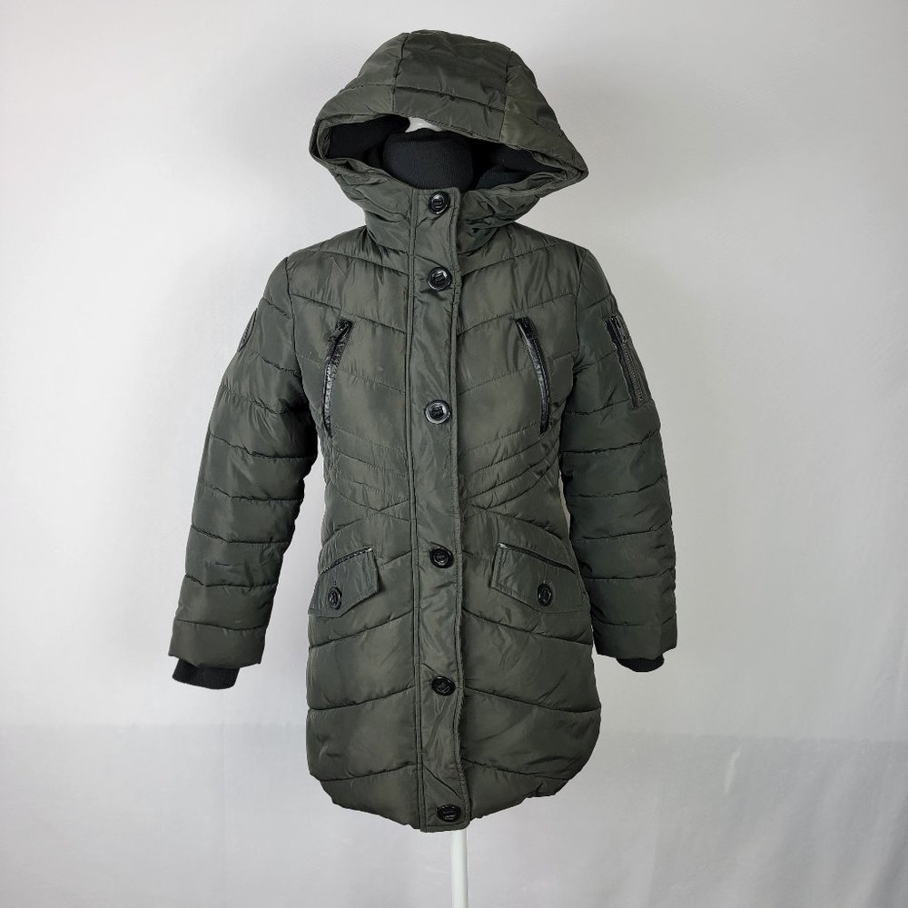 Diesel Puffer Jacket Women's 10 Green Long Sleeve Hooded Full Zip/Snap Pockets